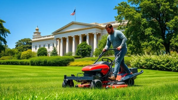 Lawn care professional mowing in front of a historical building, lawn fertilization and weed control services.