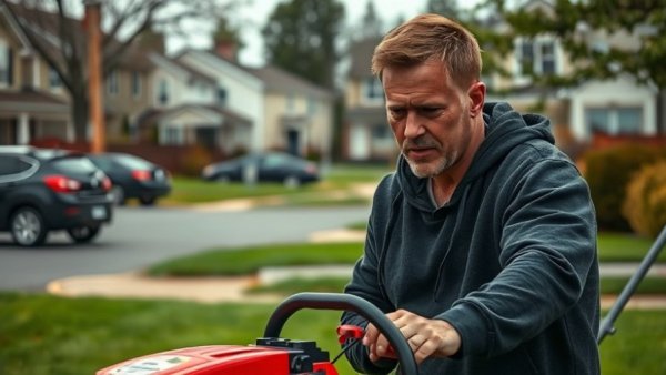 Lawn care worker using mower in suburban Muskegon for weed control services.