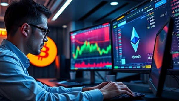 Modern trading setup with cryptocurrency graphics, HubSpot earnings update growth software.