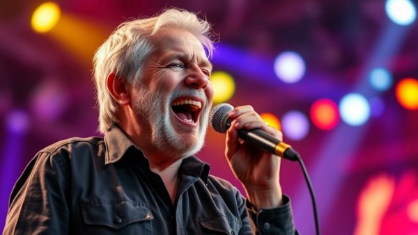 Energetic man sings passionately, colorful stage lighting.