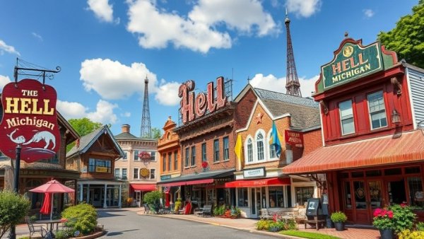 Quirky landmarks of Hell, Michigan in a vibrant collage.