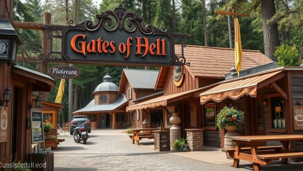Entrance and buildings of Hell, Michigan capturing the quirky small-town charm.