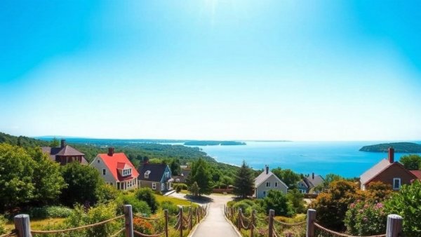 Mackinac Island travel destination with scenic view and charming houses.