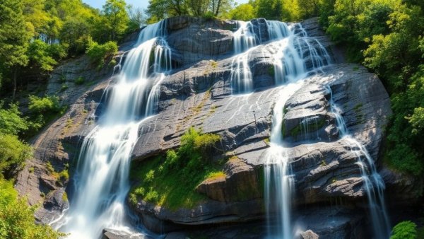Upper Peninsula waterfall cascading over rocky cliffs with lush forest.