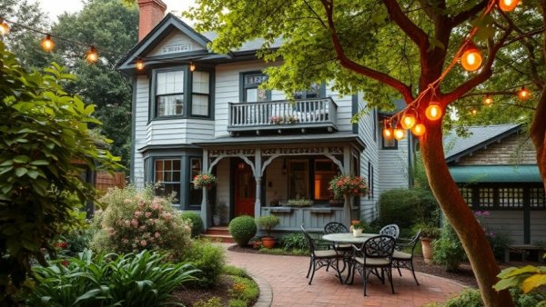Charming Victorian-style Michigan Art Coast B&Bs exterior with outdoor seating.
