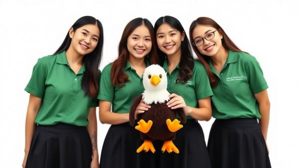 Eastern Michigan NCAA women's golf team members posing with a stuffed eagle, in green and black uniforms.