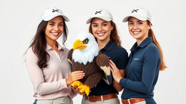 Young women golfers smiling with plush eagle for NCAA Women's Golf Championships.