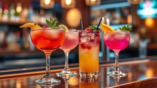 Colorful cocktails at a rooftop bar in downtown Detroit.