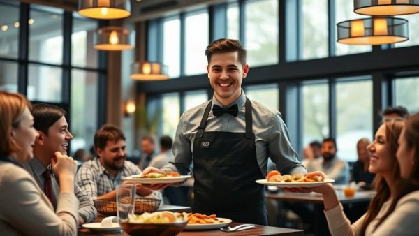 Friendly waiter serving food in vibrant Michigan restaurant.
