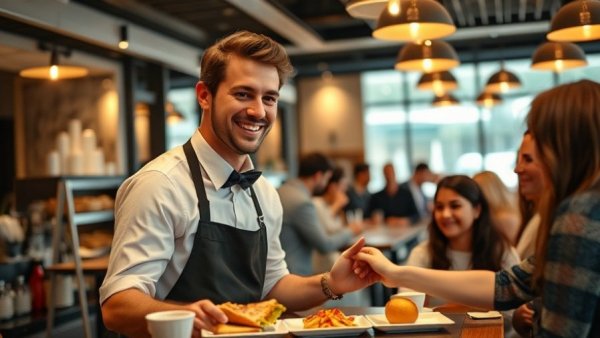 Waiter serving food at Michigan restaurant, warm interaction.