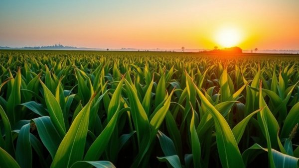 Green cornfield with Michigan map silhouette at sunrise, Michigan food summit