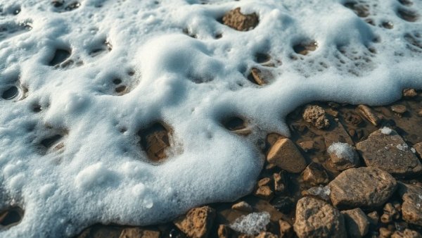 PFAS contamination in Michigan, foamy polluted lake shoreline.