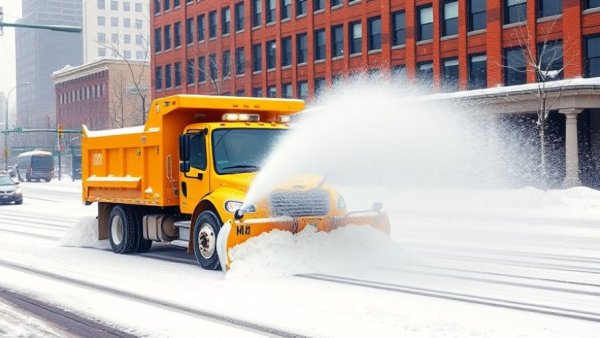 Snow removal in action with a plow truck in Muskegon street.