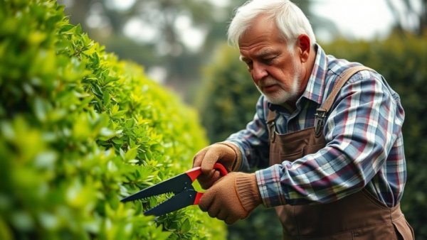 Elderly man trimming hedges, lawn fertilization and weed control services, Muskegon.
