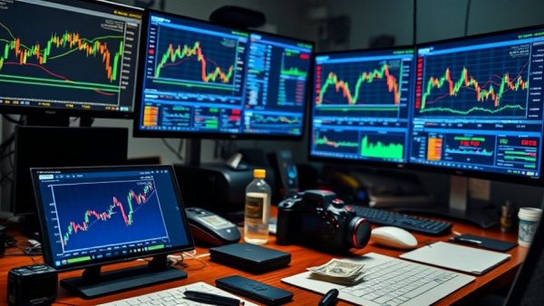 Trading desk with financial charts and tech gadgets.