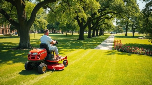 Person on a red lawn mower maintaining a green lawn under trees, preventing lawn mower blight.