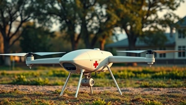 Medical drone delivery for rural healthcare, parked on the ground.