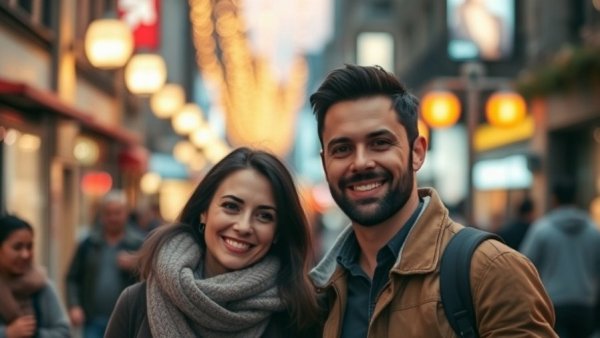 Candid couple smiling in city with warm ambient lighting.