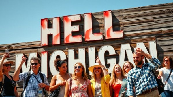 Travelers at Hell, Michigan, a unique tourist destination.