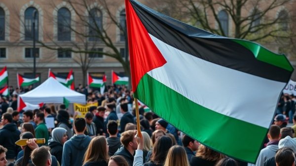 University protest with Palestinian flag, students gathered