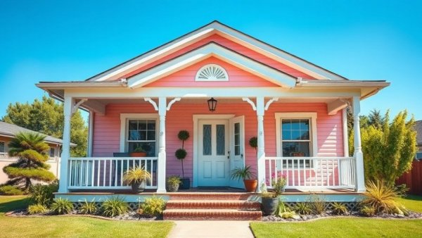 Selma Jackson pink bungalow home front view under clear sky.