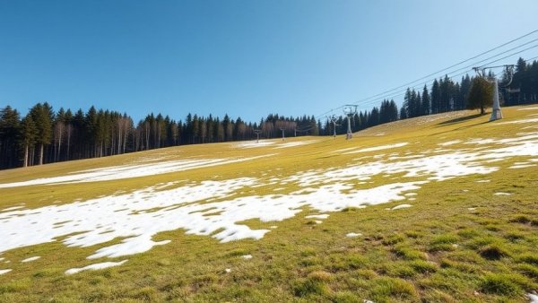Grassy ski slope with remaining snow and ski lifts; bright daylight view.