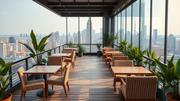 Chic rooftop bar in Detroit with modern decor and panoramic view.