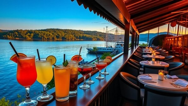Waterfront restaurants in Grand Rapids with cocktails and sunset view.