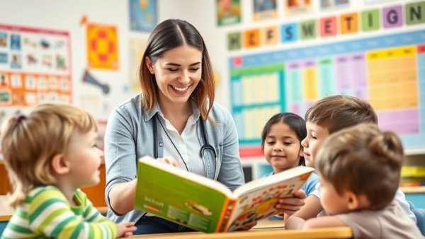 Teacher engaging with children in a Henrico classroom, colorful educational setting.