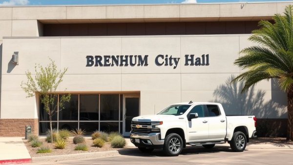 Brenham City Hall with truck highlighting economic development plan.