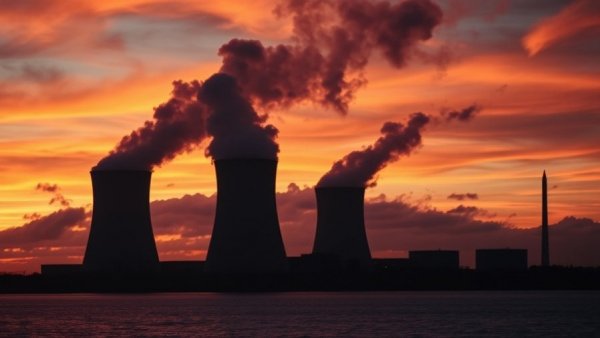 Fermi 2 Shutdown cooling towers at sunset, vibrant sky.