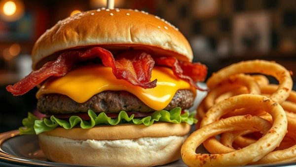 Delicious cheeseburger with bacon beside onion rings in Michigan lunch spot.