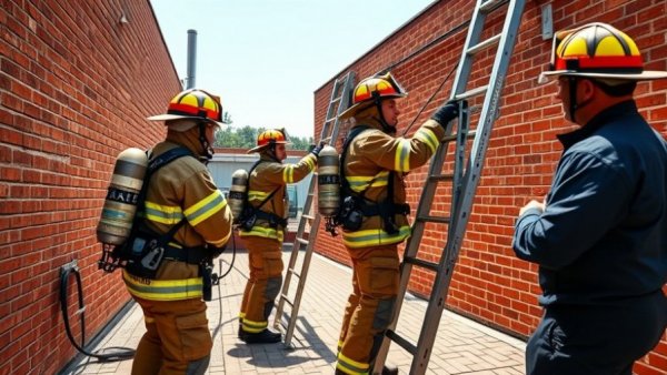 Firefighters at HCC Northeast job training programs practicing ladder drills.
