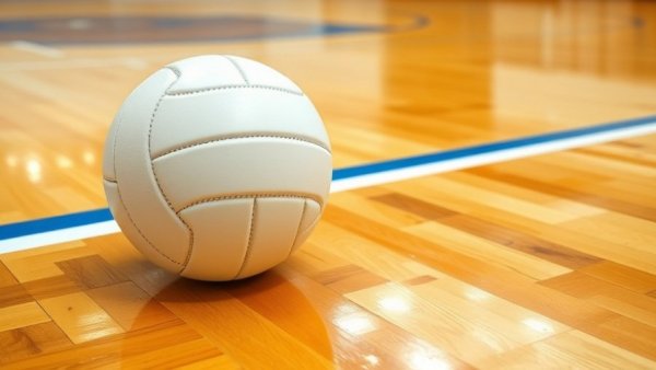Volleyball on wooden court floor during SoCal High School Boys Volleyball Playoffs.