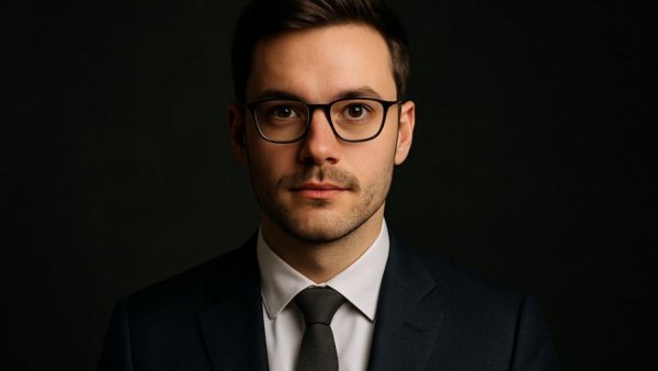 Professional young man in suit, confident expression, integrated marketing strategy for small businesses.
