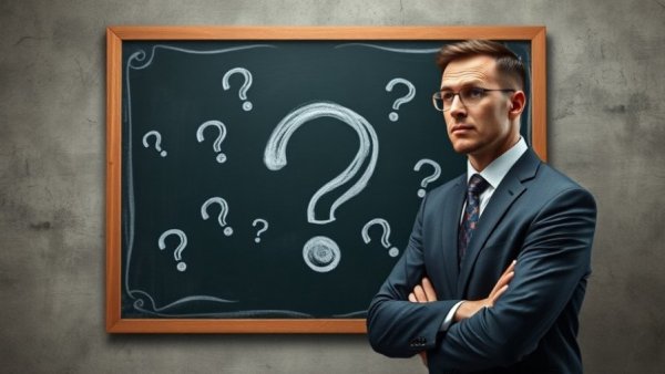 Professional contemplating search marketing performance metrics on chalkboard.