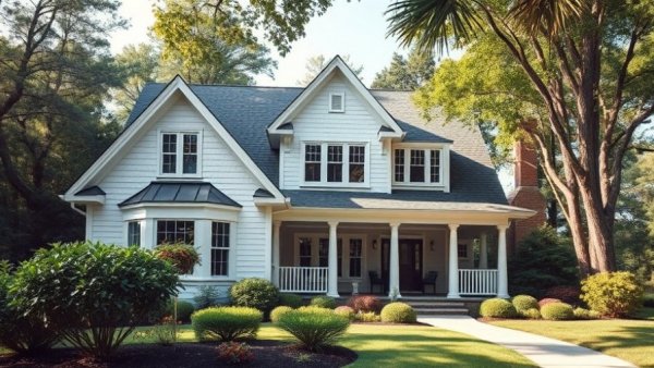 Elegant custom home surrounded by green garden, featuring work by tradeswomen in Michigan construction.