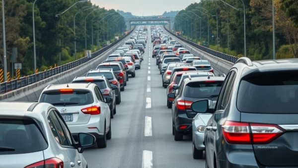 Heavy traffic on Michigan highway, showcasing road congestion, clear day.