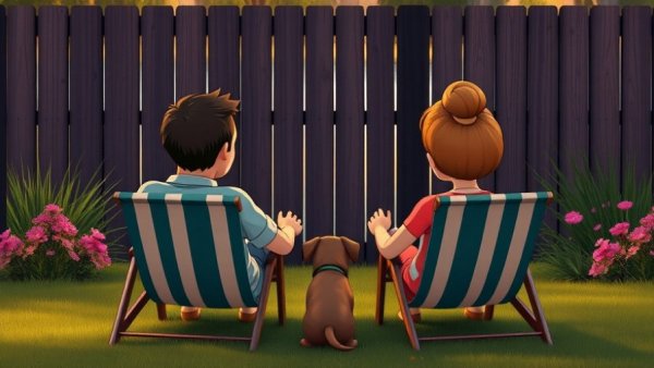 Cartoon neighbors in backyard dispute, relaxing by lake in Michigan.