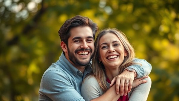 Happy couple smiling warmly in a green background.
