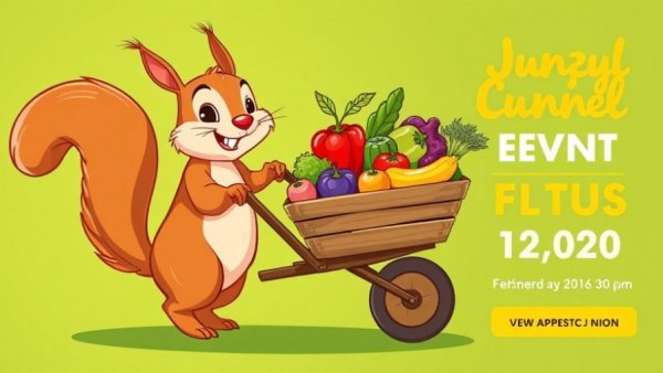 Playful illustration of a squirrel with produce promoting Michigan farmers market tour.