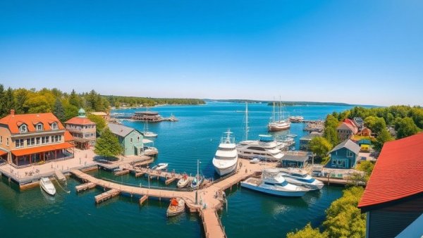Idyllic Mackinac Island ferry dock view on a sunny day.