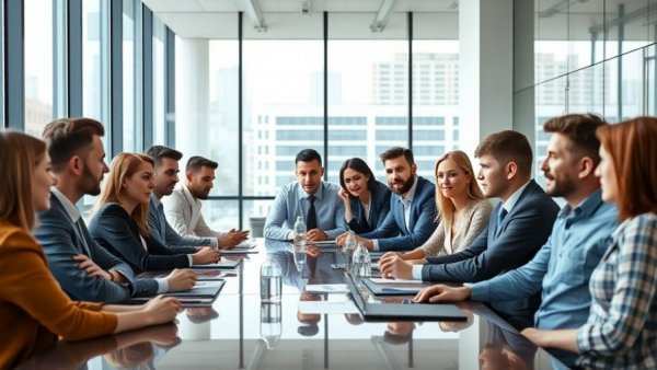 Professionals collaborating in a modern law firm office.