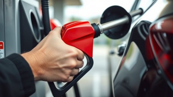 Close-up of a hand refueling a car at a gas station, highlighting travel.