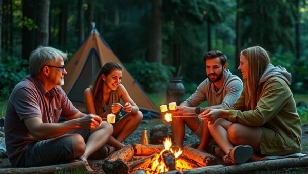 Relaxed camping scene in Michigan with marshmallow roasting.