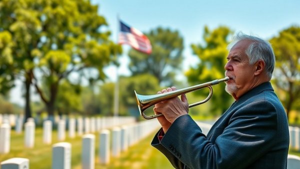 Solemn man plays bugle in military cemetery; history of Taps theme.