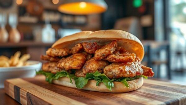 Best chicken sandwich in Grand Rapids on wooden board.