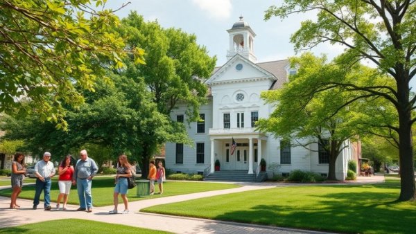 Courtland Exploring Main Street community: people observing a historic building.