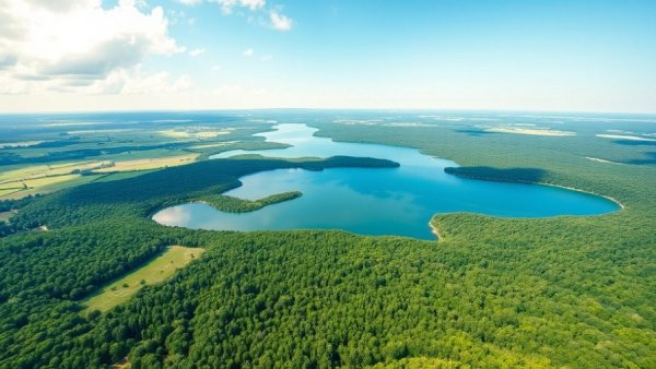 Aerial view of Michigan paddling trails along vast lakes and green forests.