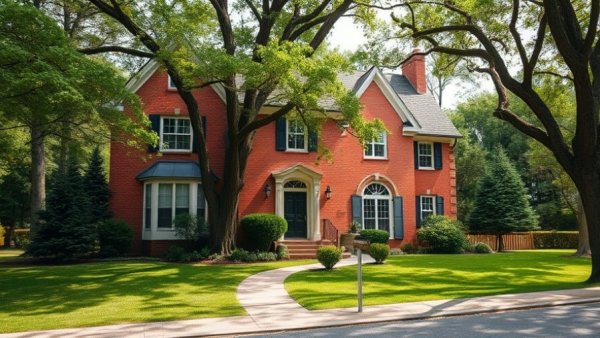 Elegant brick house amid trees with fraud news banner.